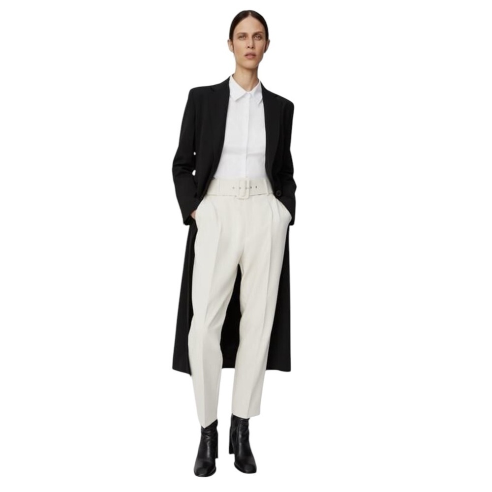 Zara Women High Waisted Belted Straight Leg Trouser Pants- Ecru- Small